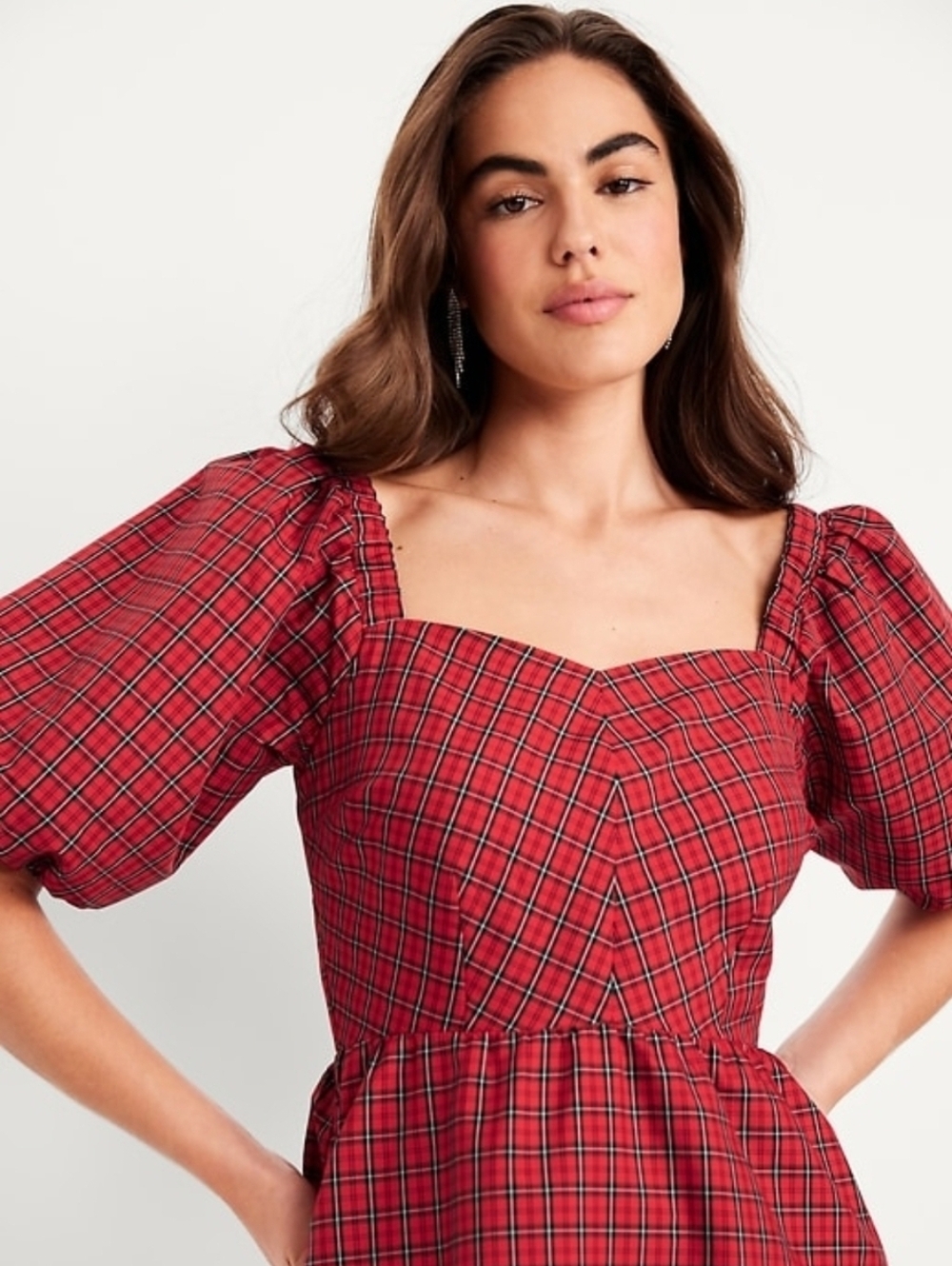NWT/ Old Navt Puff-Sleeve Plaid Fit & Flare Taffeta Mini Dress Petite Large - Picture 3 of 7